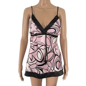 Tempted Hearts Y2K Pink Blck Floral Satin Cami Babydoll Tunic M Coquette McBling